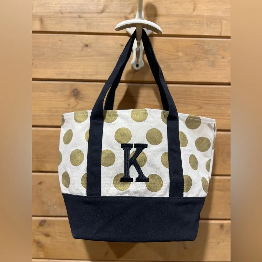 Gold Polka Dot Canvas Tote Bag Monogram “K” Black Trim Large Carryall Gift Bag